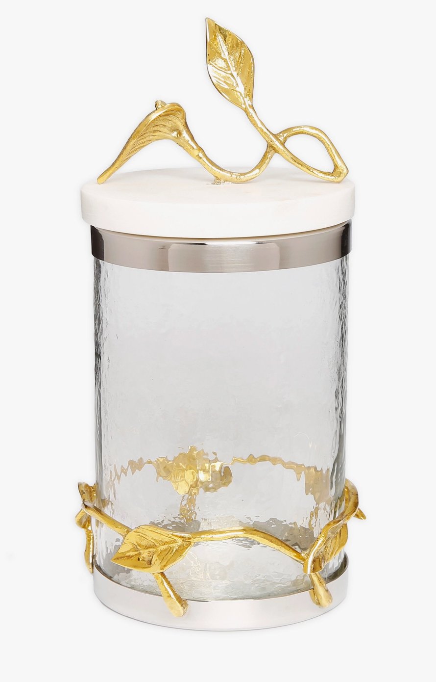 Luxury glass canisters with marble lids and gold leaf accents
Elegant gold vine and leaf kitchen jars for coffee and tea storage
Set of decorative glass storage jars with gold detailing
Modern kitchen countertop decor glass canisters with gold finish