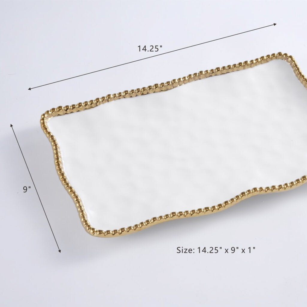 Porcelain serving tray with gold beaded edge – medium size
