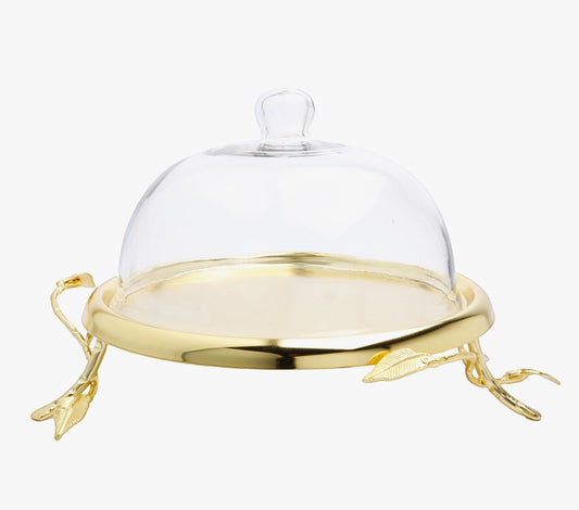 Gold Leaf Cake Plate with Glass Dome - Peak Home Decor