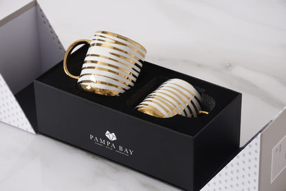Pampa Bay Get Gifty Set of 2 Striped Mugs with gold detailing

Luxury gold striped porcelain mugs – 16oz coffee mugs

Giftable striped mugs with gold handles by Pampa Bay

Elegant porcelain mug set for coffee and tea