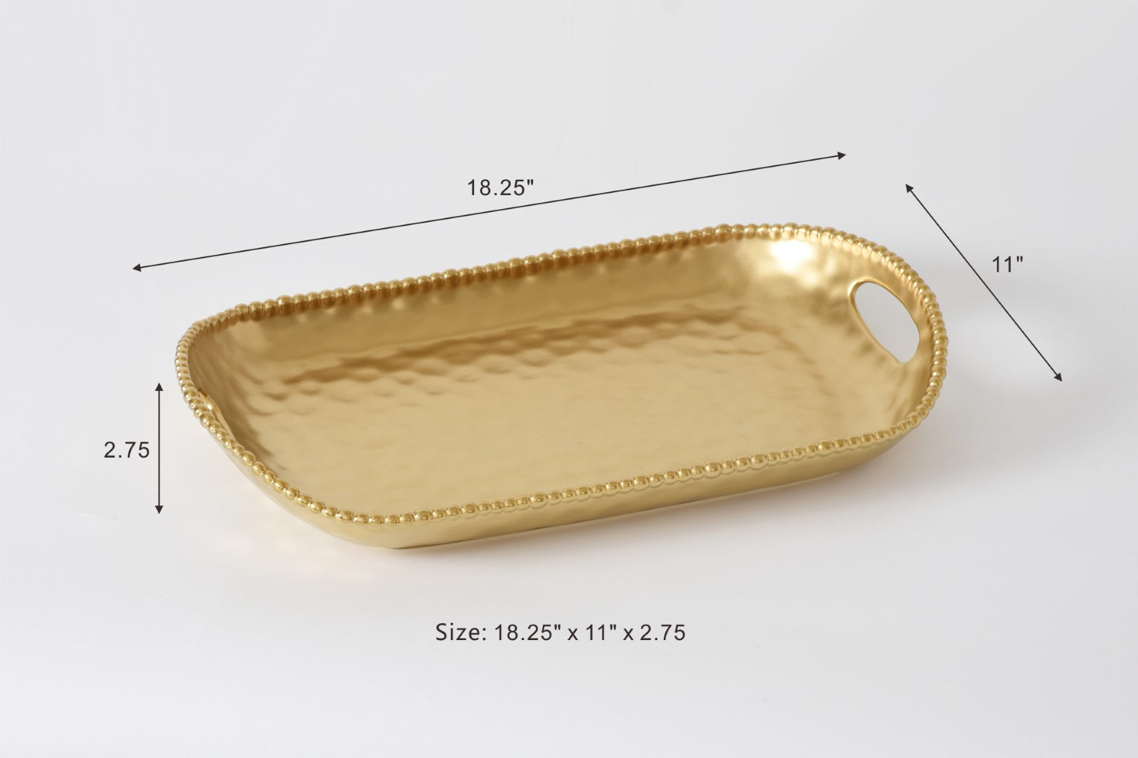 Monte Carlo Rectangular Tray With Handles in matte gold porcelain

Gold beaded rectangular serving tray with integrated handles

Luxury matte gold Pampa Bay porcelain tray for serving and décor