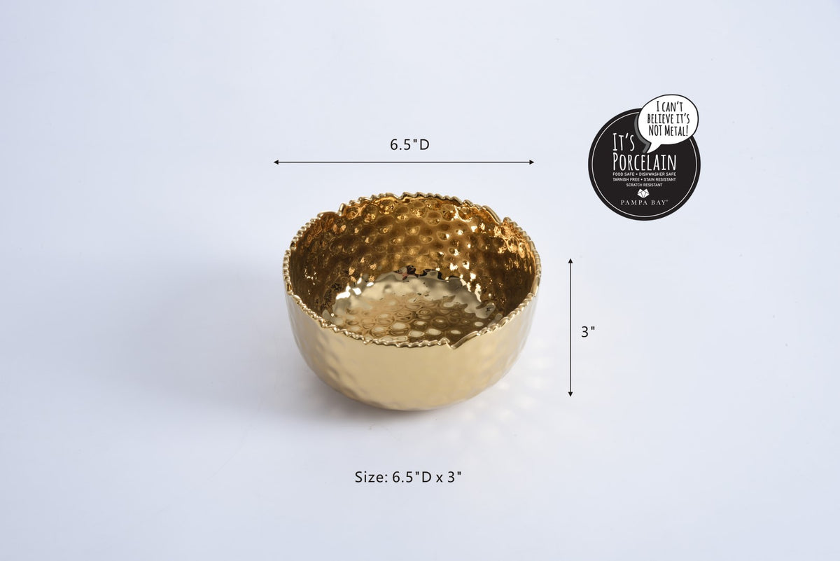 Pampa Bay Golden Millennium medium bowl in hammered gold porcelain showing dimensions