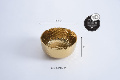 Pampa Bay Golden Millennium medium bowl in hammered gold porcelain showing dimensions