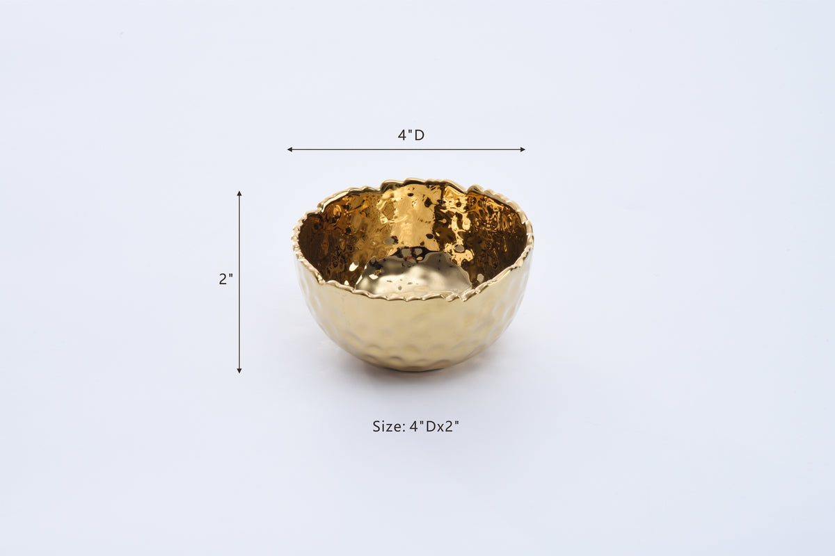 Pampa Bay Golden Millennium snack bowl in hammered gold porcelain with dimensions