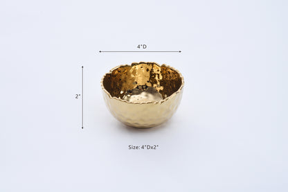 Pampa Bay Golden Millennium snack bowl in hammered gold porcelain with dimensions