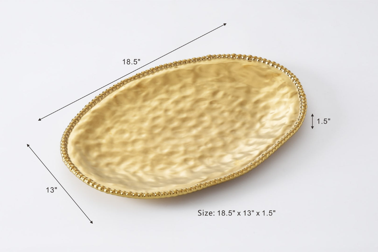 Monte Carlo Large Oval Platter in matte gold high-fired porcelain
Luxury gold beaded-rim oval platter by Pampa Bay
Elegant matte gold porcelain serving platter