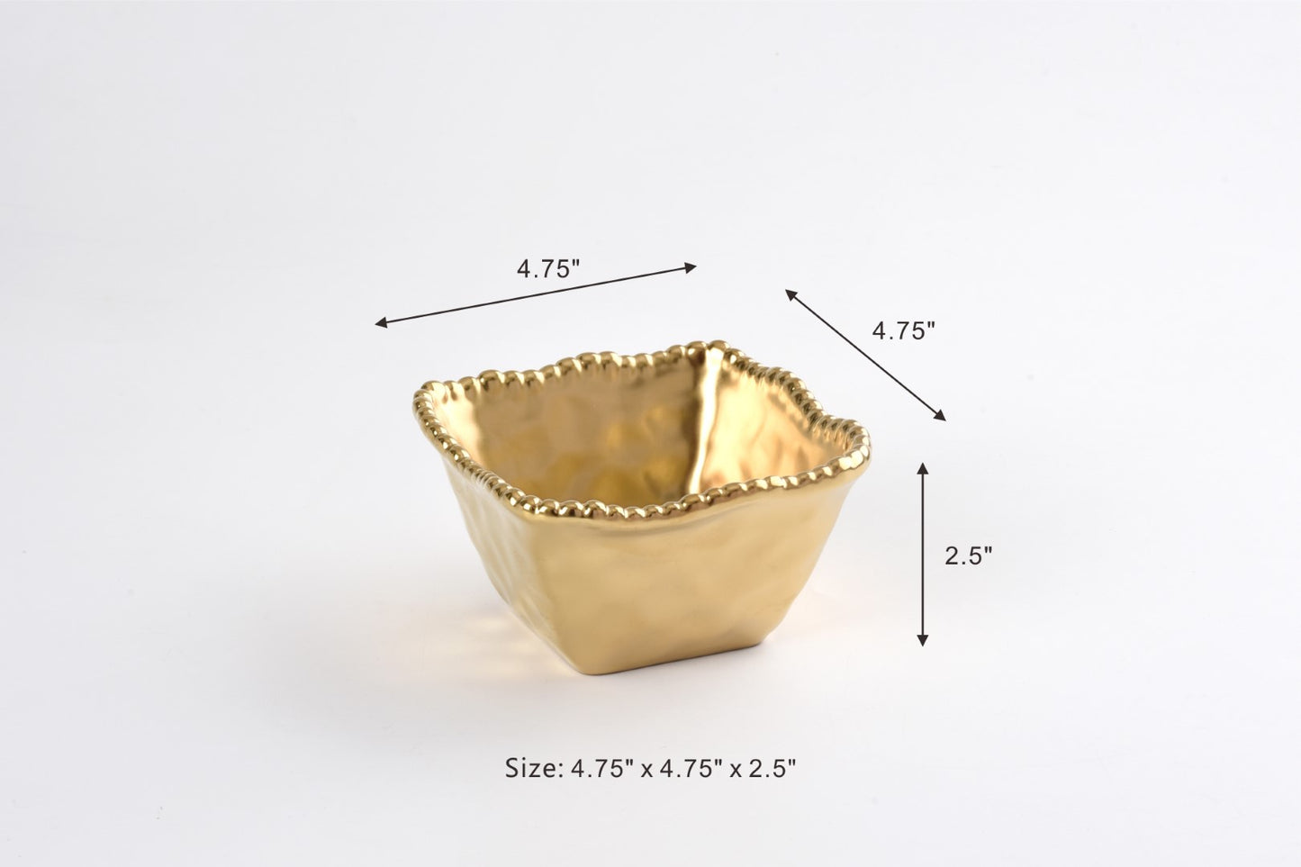 Monte Carlo Square Snack Bowl in matte gold with beaded edge

Luxury gold porcelain snack bowl with hammered texture

Gold bowl for dips, nuts, sweets, and appetisers