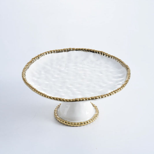 Pampa Bay Golden Salerno Cake Stand — white porcelain dessert stand with gold titanium beaded rim and base
