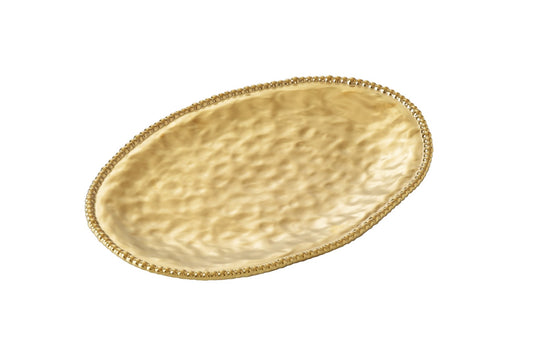 Pampa Bay Monte Carlo Large Oval Platter — matte gold porcelain oval serving platter with hammered texture and gold beaded rim