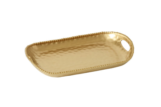 Pampa Bay Monte Carlo Rectangular Tray With Handles — matte gold porcelain serving tray with gold beaded edge and integrated handles