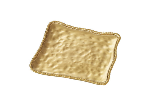 Pampa Bay Monte Carlo Square Serving Platter — matte gold porcelain with hammered texture and gold beaded edge