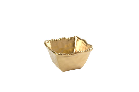 Pampa Bay Monte Carlo Square Snack Bowl — matte gold porcelain snack and dip bowl with hammered finish and gold beaded edge