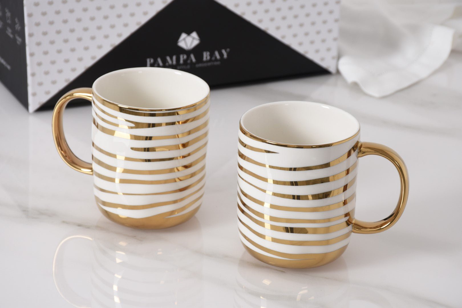 Pampa Bay Get Gifty Striped Mugs Set of 2 | Gold Porcelain Mug Gift Set - Peak Home Decor