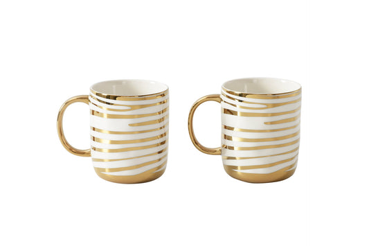 Pampa Bay Get Gifty Striped Mugs Set of 2 | Gold Porcelain Mug Gift Set - Peak Home Decor