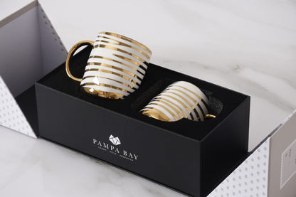Pampa Bay Get Gifty Striped Mugs Set of 2 | Gold Porcelain Mug Gift Set - Peak Home Decor