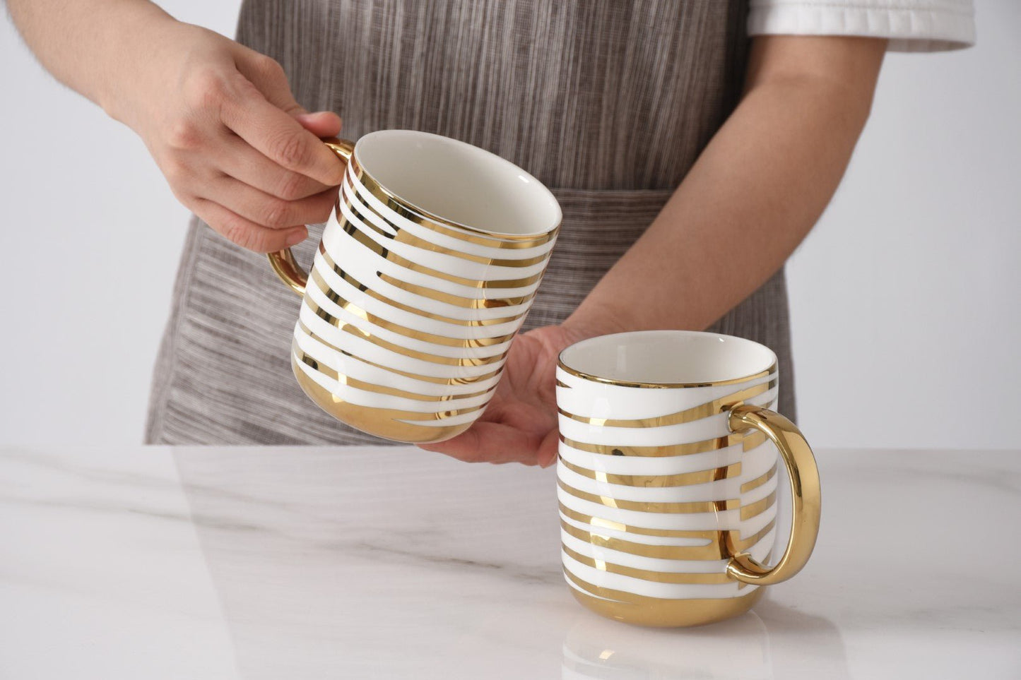 Pampa Bay Get Gifty Striped Mugs Set of 2 | Gold Porcelain Mug Gift Set - Peak Home Decor