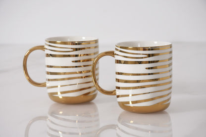 Pampa Bay Get Gifty Striped Mugs Set of 2 | Gold Porcelain Mug Gift Set - Peak Home Decor