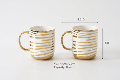 Pampa Bay Get Gifty Striped Mugs Set of 2 | Gold Porcelain Mug Gift Set - Peak Home Decor