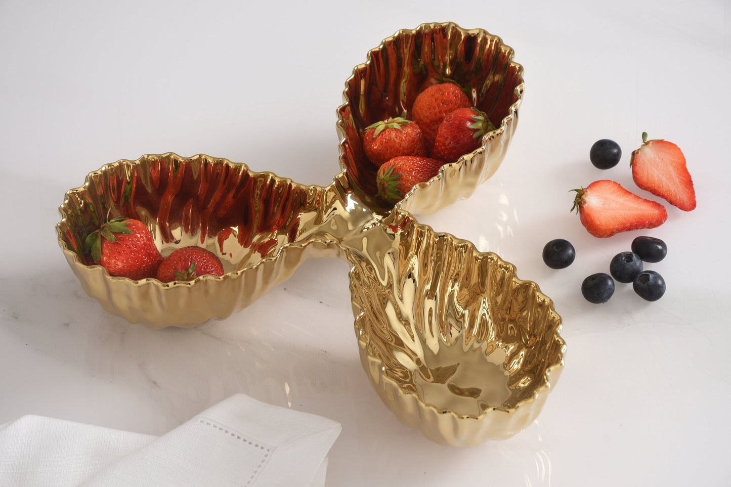 Pampa Bay Mascali D'Oro 3 Section Server | Gold Porcelain 3 Section Serving Dish - Peak Home Decor