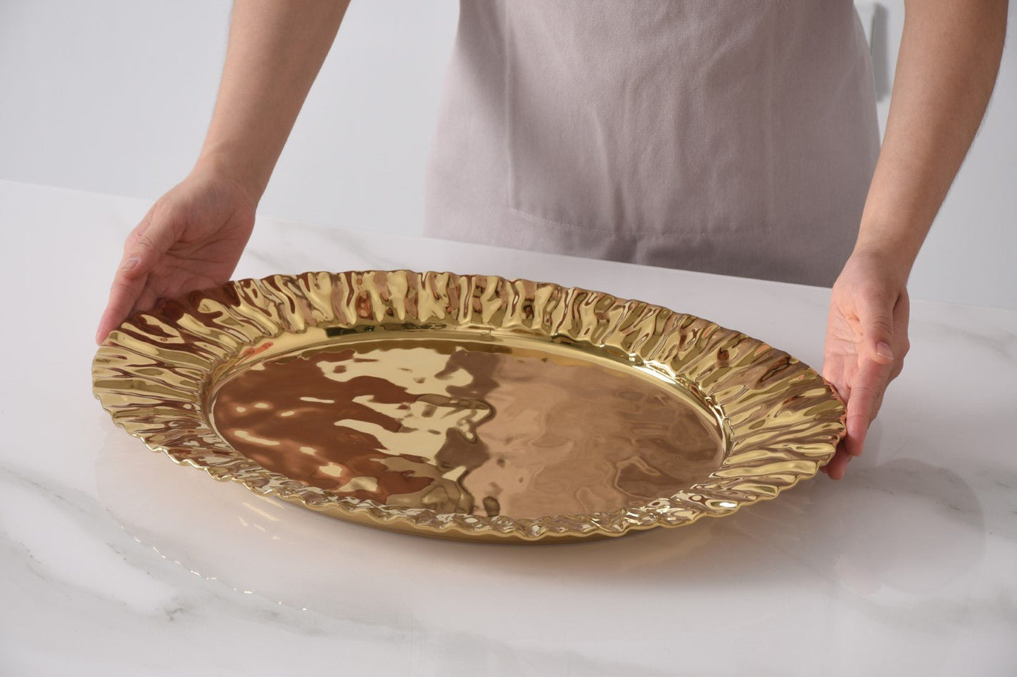 Pampa Bay Mascali D'Oro Large Platter | Gold Porcelain Serving Platter - Peak Home Decor