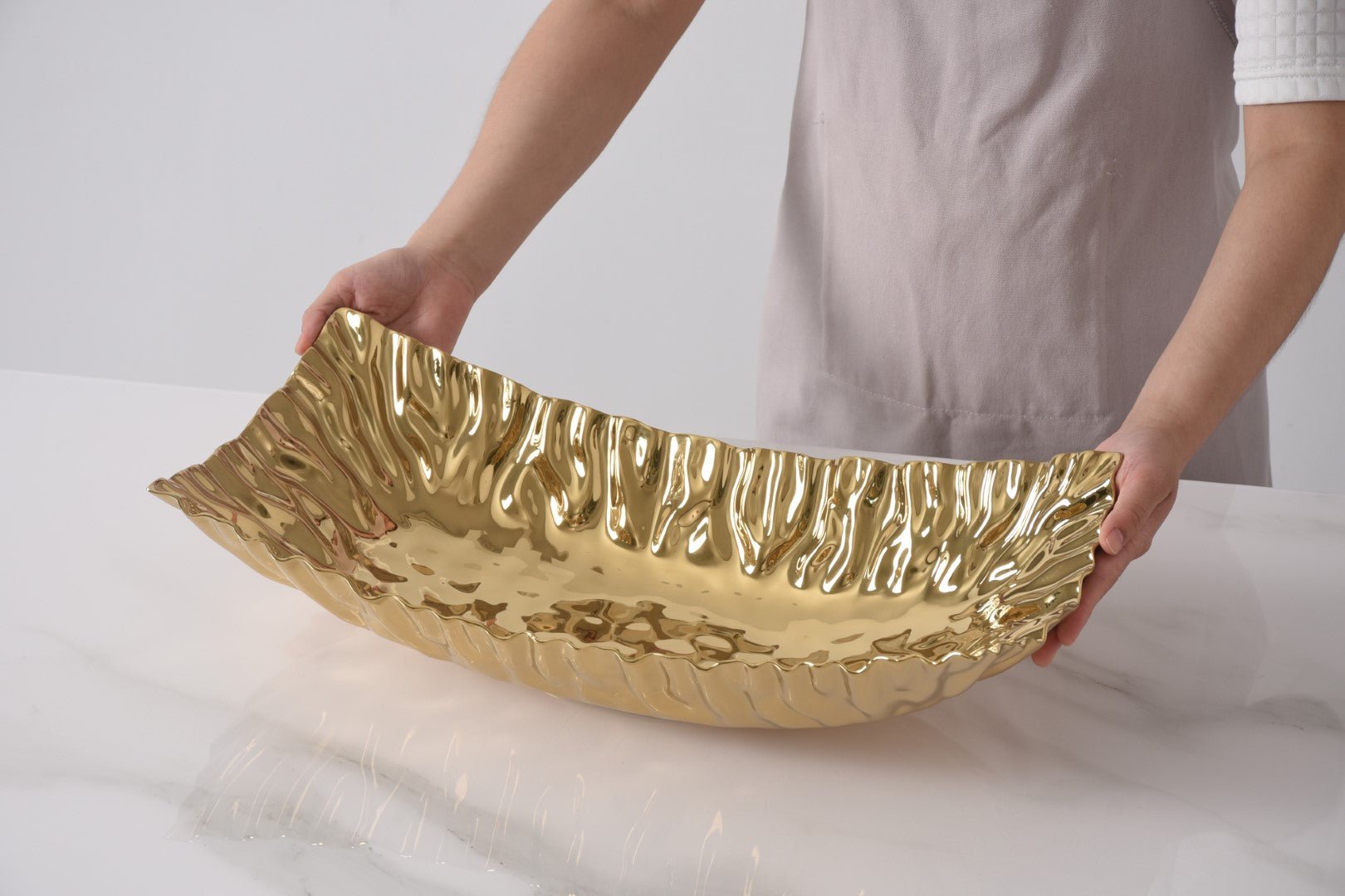 Pampa Bay Mascali D'Oro Rectangular Centrepiece | Gold Porcelain Table Centrepiece - Peak Home Decor