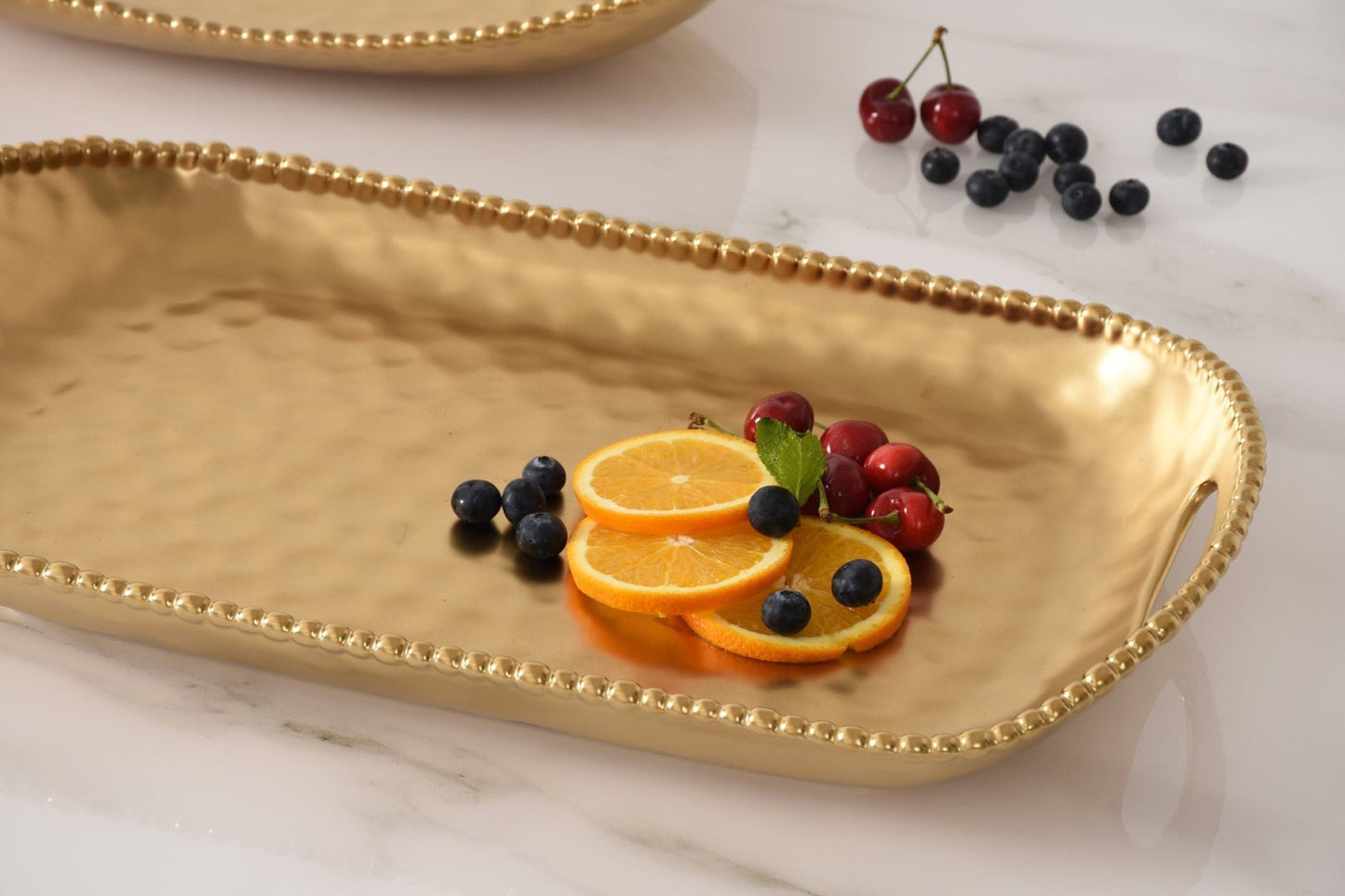 Pampa Bay Monte Carlo Rectangular Tray With Handles | Matte Gold Porcelain Serving Tray - Peak Home Decor