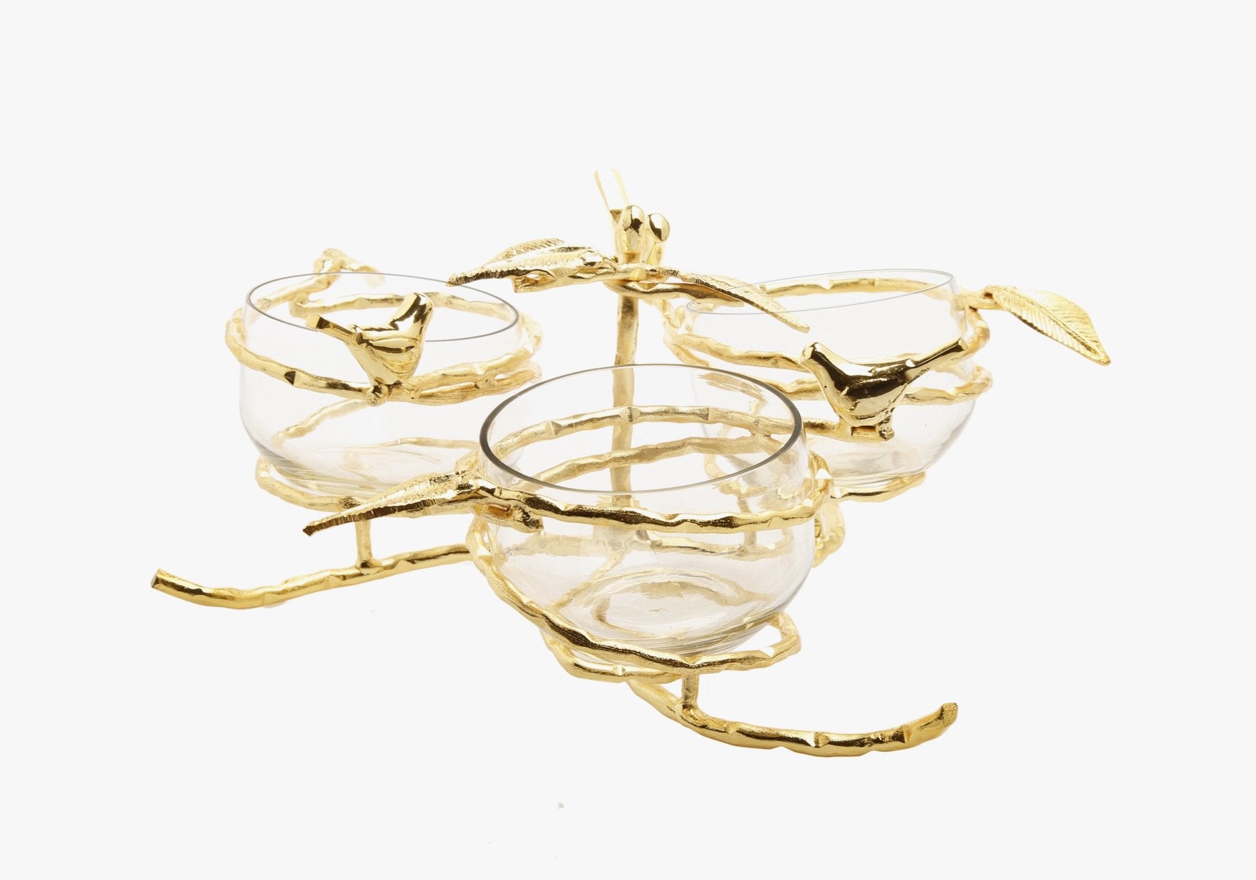 Gold Leaf Snack Bowl Set – luxury 3-bowl relish and serving dish
Elegant gold and glass snack bowl set for entertaining
Luxury gold serving dish with leaf-inspired frame and three bowls