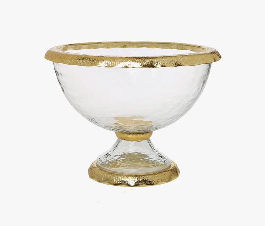 Gold-Rimmed Glass Footed Bowl
Gold Trimmed Decorative Glass Bowl for Fruits and Salads
Luxury Glass and Stainless Steel Bowl on Table Display
