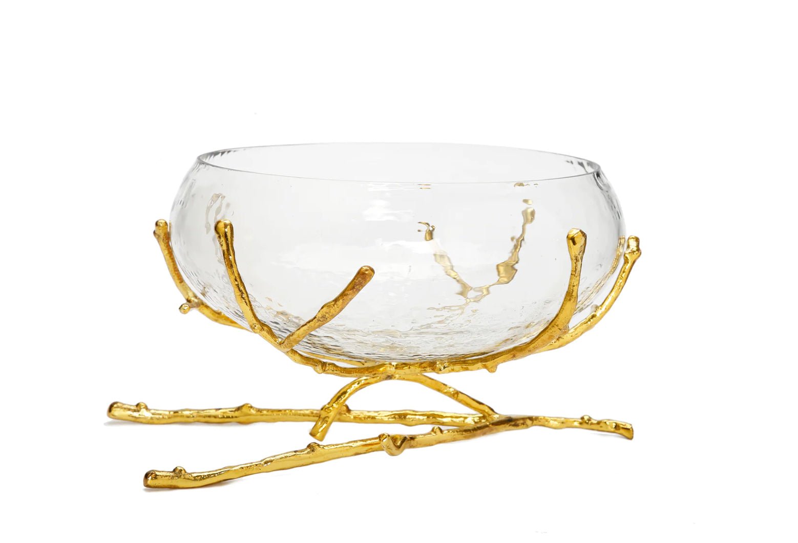 Luxury glass bowl with sculpted gold twig base – elegant centrepiece
Clear textured glass bowl on gold branch stand – decorative serveware
Luxury glass and gold twig bowl for fruits, salads, and home décor