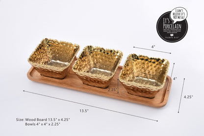 Golden Millennium 4-Piece Entertaining Set – gold porcelain snack bowls on acacia tray

Luxury gold titanium porcelain serving set with wooden tray

Elegant snack bowl set for appetisers, dips, and desserts