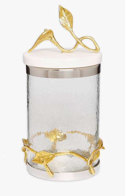 Luxury glass canisters with marble lids and gold leaf accents
Elegant gold vine and leaf kitchen jars for coffee and tea storage
Set of decorative glass storage jars with gold detailing
Modern kitchen countertop decor glass canisters with gold finish