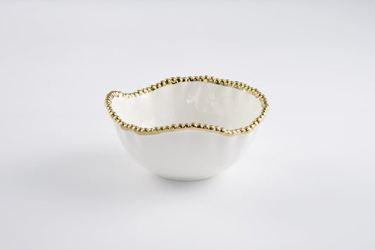 Pampa Bay Golden Salerno Medium Bowl — white porcelain serving bowl with gold titanium beaded rim