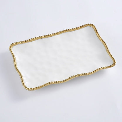 Pampa Bay Golden Salerno Medium Platter — white porcelain serving platter with gold titanium beaded rim