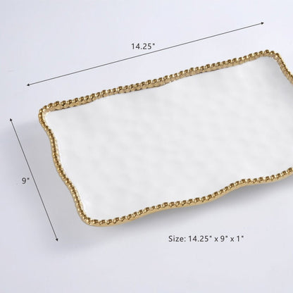 Porcelain serving tray with gold beaded edge – medium size